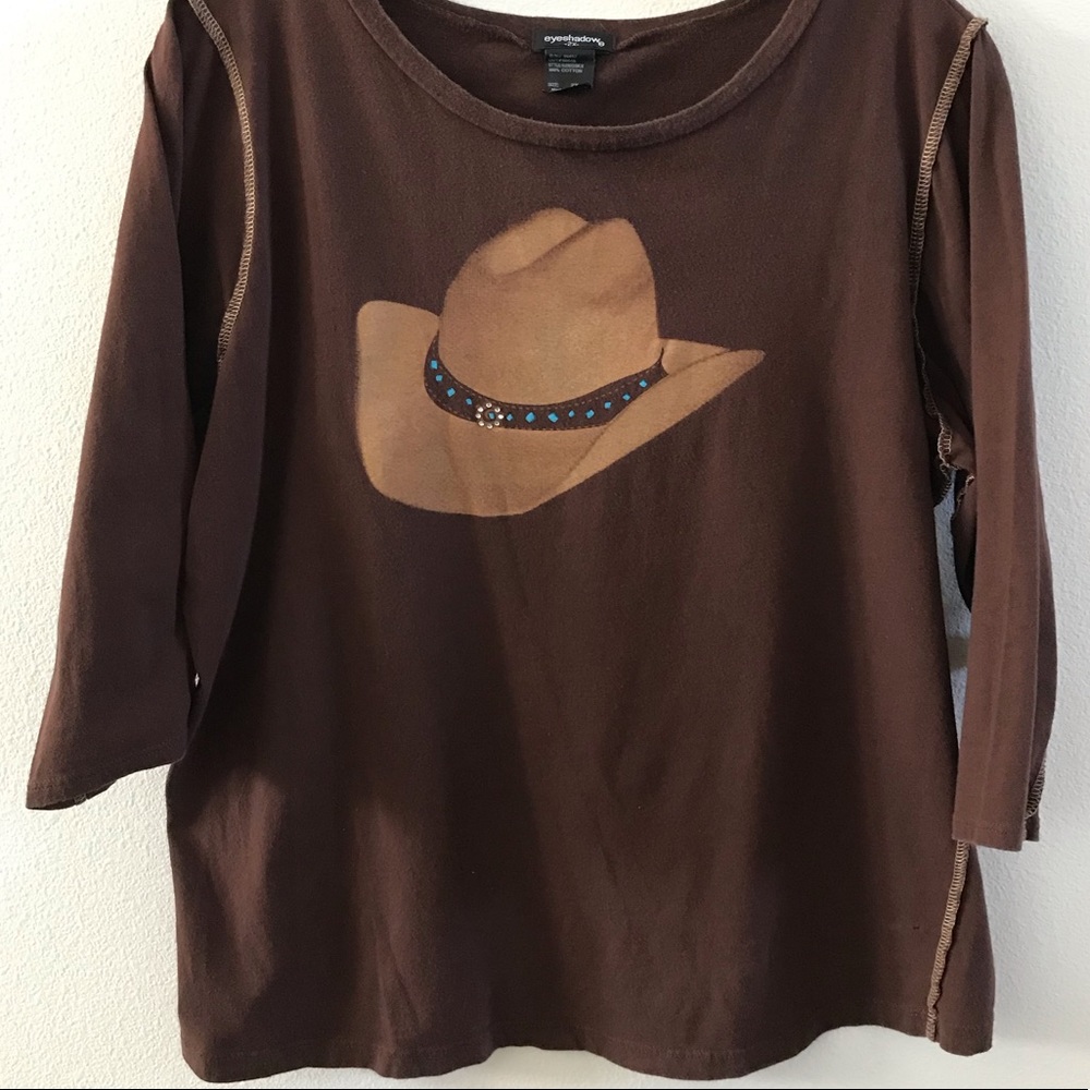 1X Shirt Cowgirl hat Long sleeve T shirt Brown Turquoise and rhinestone band